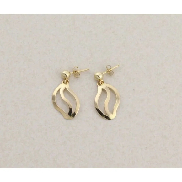 14k Yellow Gold Wave Earrings Modernist Dangle Drop - Picture 7 of 7